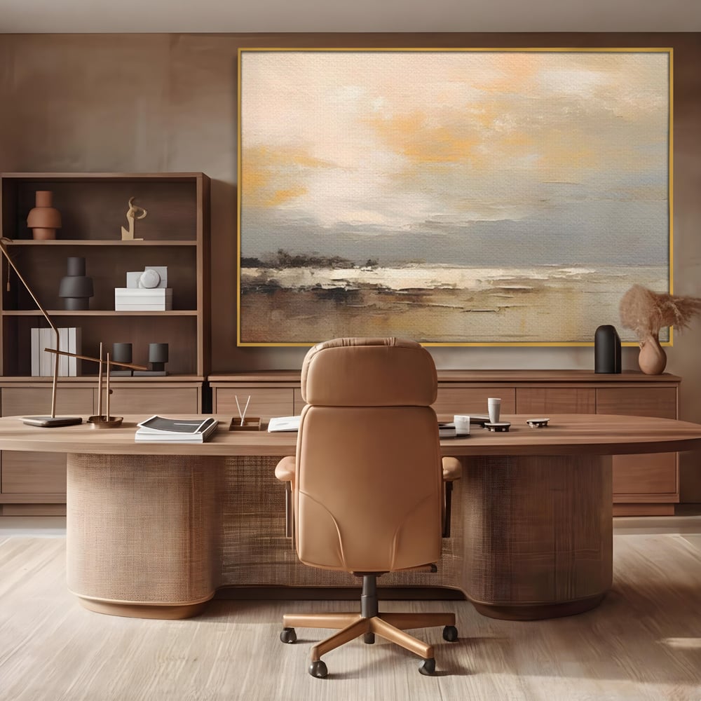 Tablou canvas cu tablou canvas cu peisaj maritim abstract, in rama de aluminiu auriu, pe perete intr-un birou